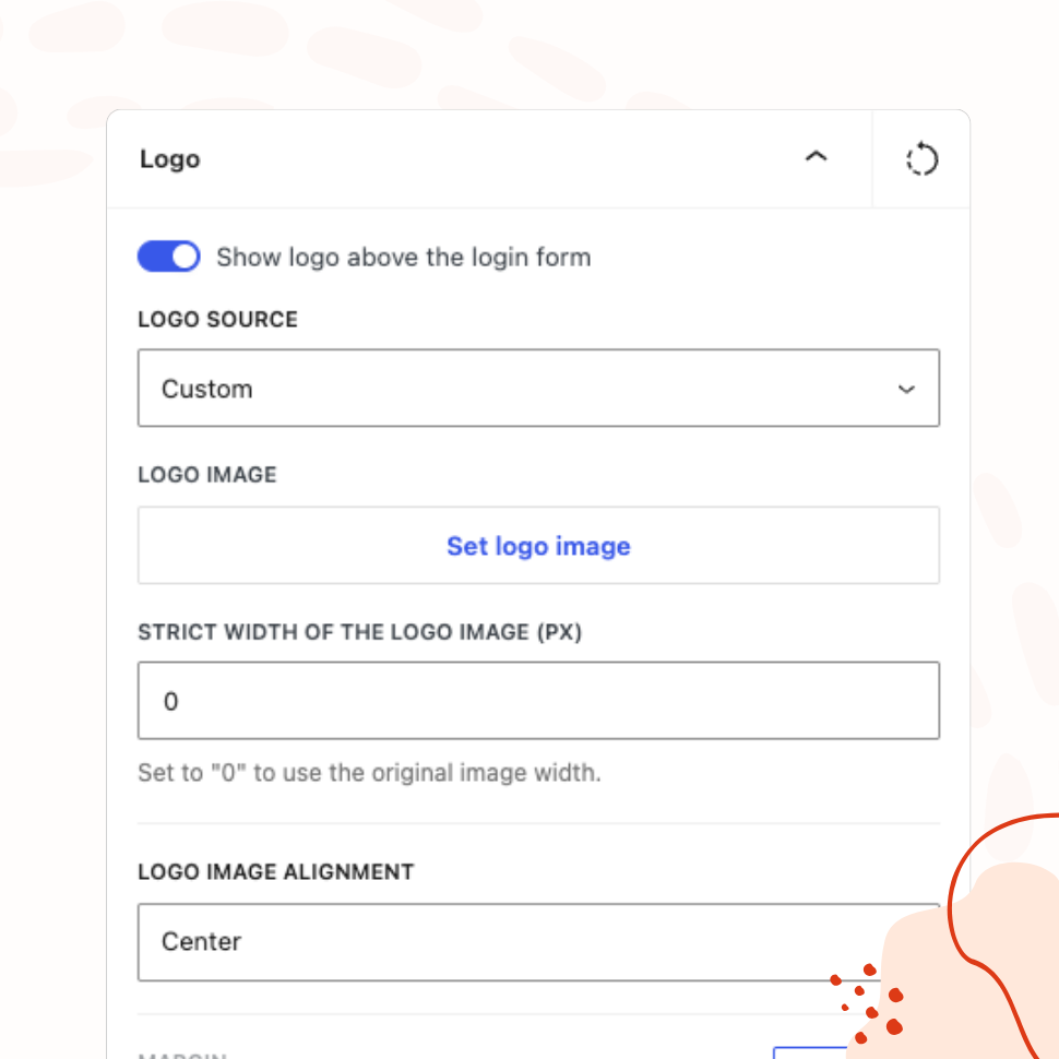 The "Logo" panel with a toggle to show a logo above the login form, a custom logo source, an image picker, strict width setting, and alignment options.