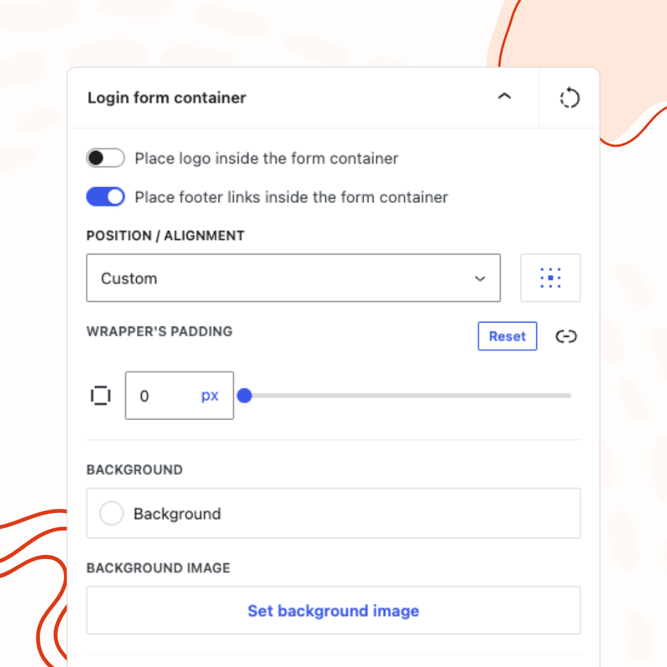 The "Login form container" panel with toggles for placing the logo and footer links inside the container, plus position, padding, background color, and background image controls.