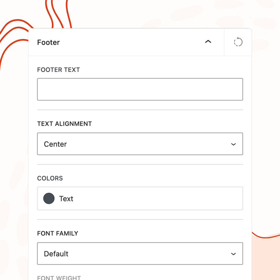 The "Footer" panel with a footer text field, alignment options, text color picker, and font family settings for the login screen footer.