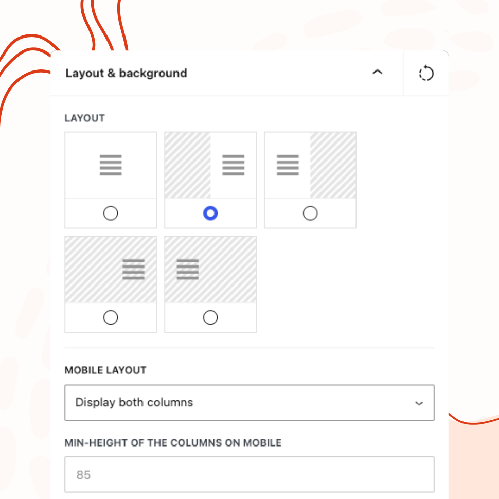 The "Layout & background" panel with five layout options - one selected splits the screen with the form on the right - plus mobile layout and minimum column height settings.