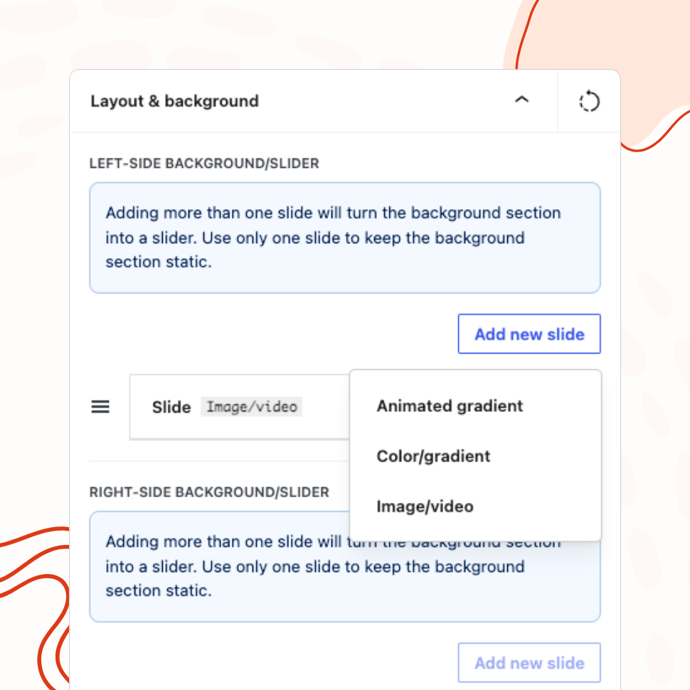 Left- and right-side background slider settings with an open menu offering three slide types: animated gradient, color/gradient, or image/video.