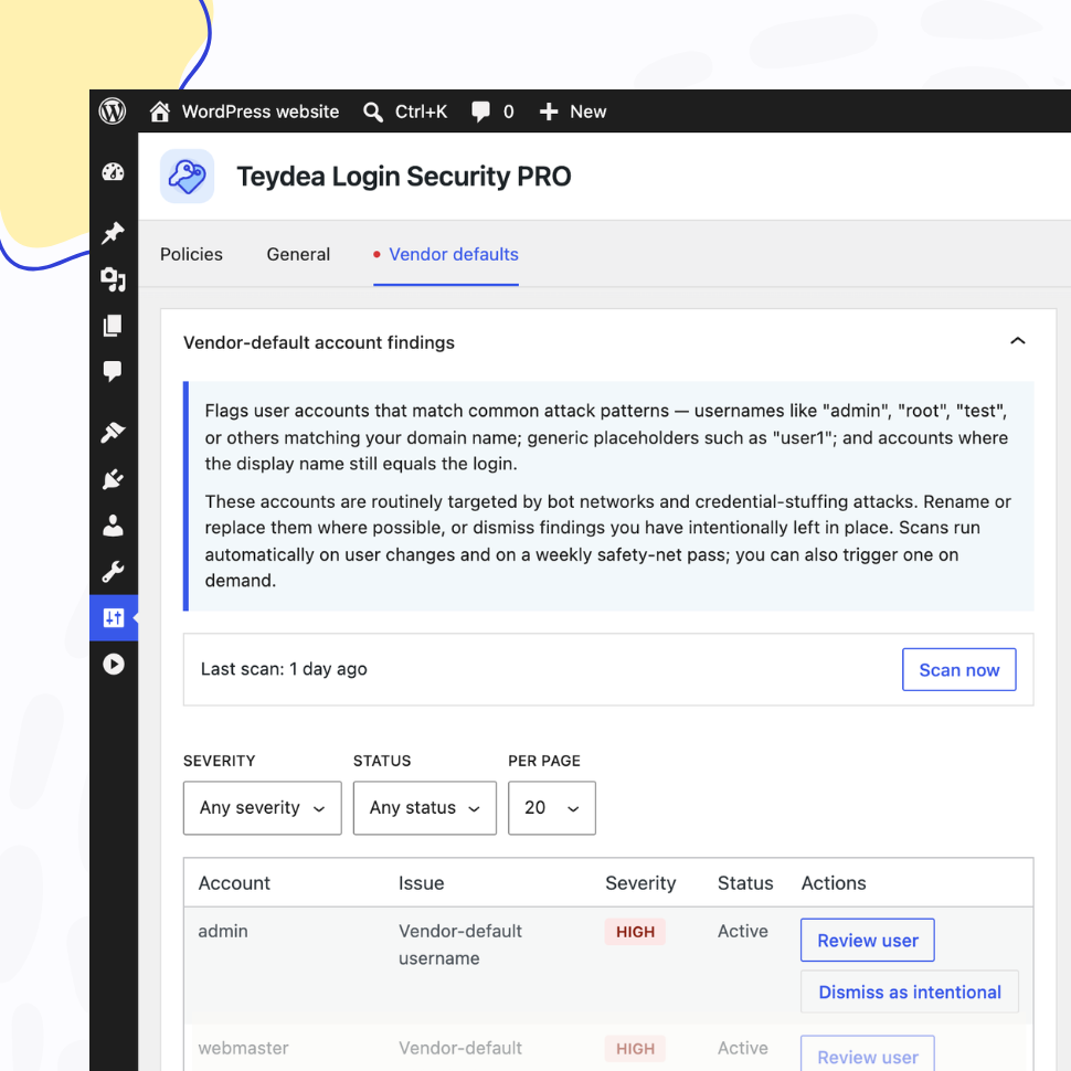 Vendor-Default Account Scanner settings tab listing flagged accounts with severity labels