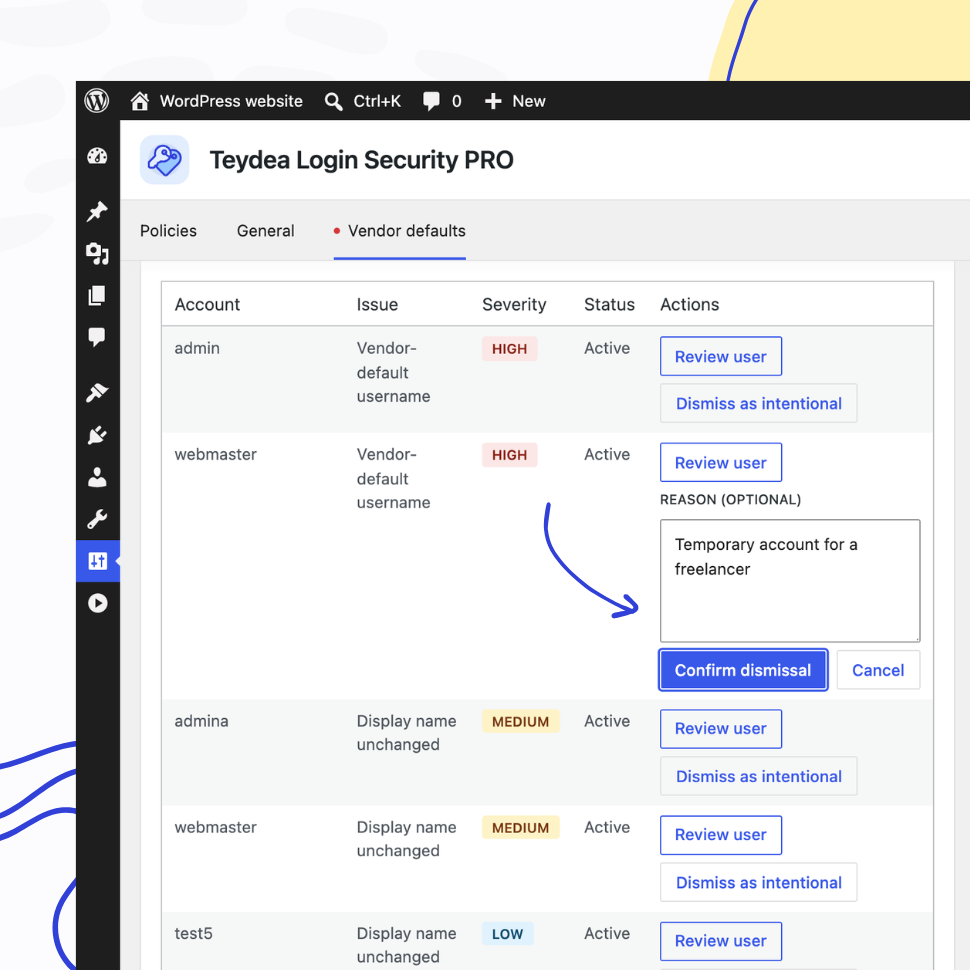 Dismissing a flagged account as intentional with a reason, leaving the account unchanged