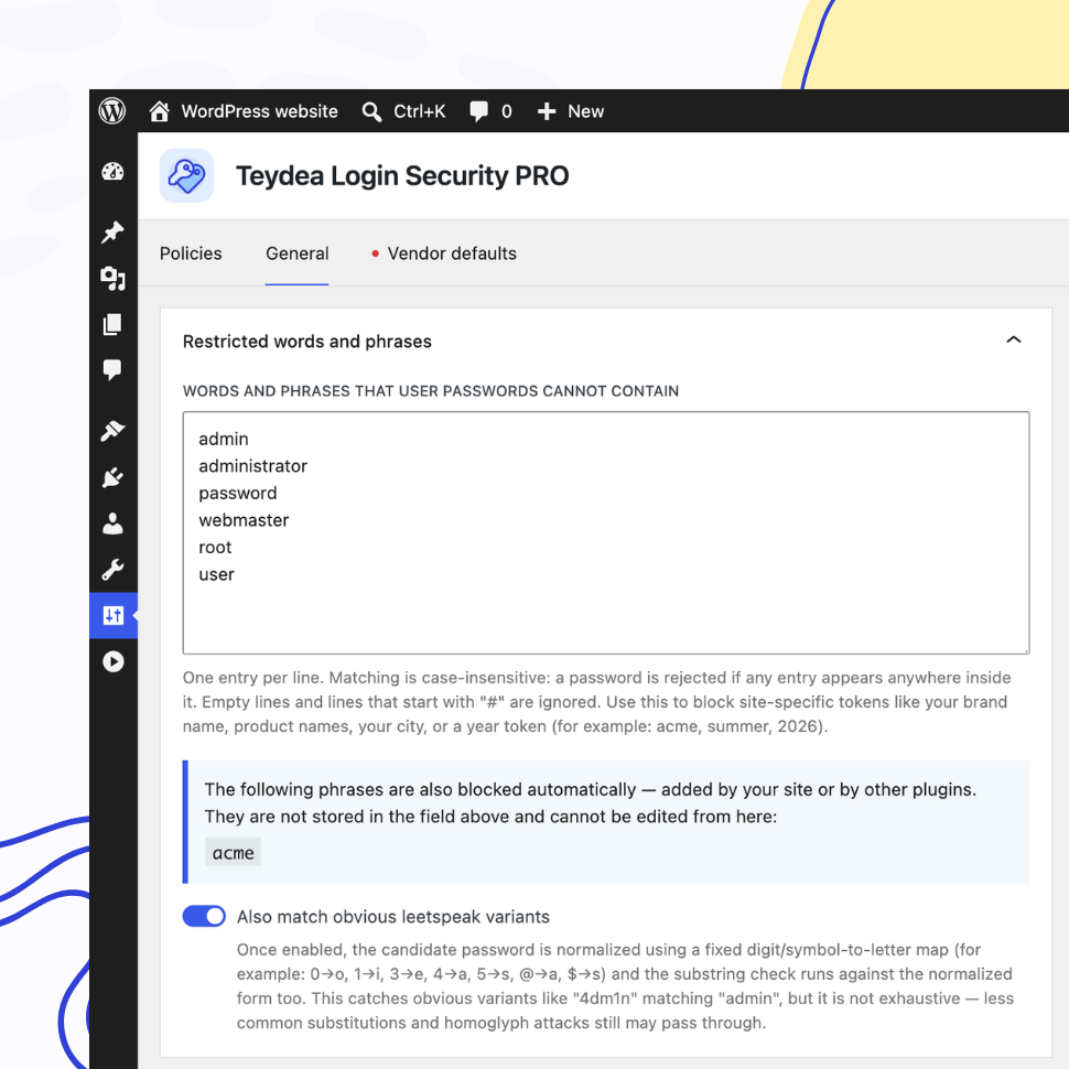 Restricted words and phrases settings list with custom blocked terms and the auto added site domain shown read-only