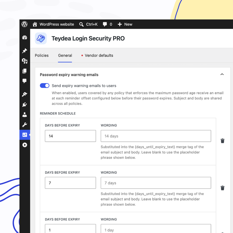 Password expiry reminder cadence editor with rows for configurable days before expiry and editable wording